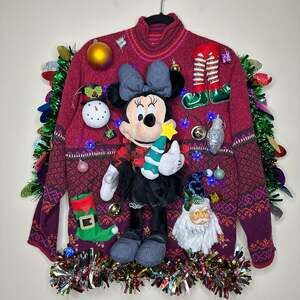 Ugly Christmas Sweater Minnie Mouse LIGHTS UP Tinsel Xmas Party Winner Sz Large